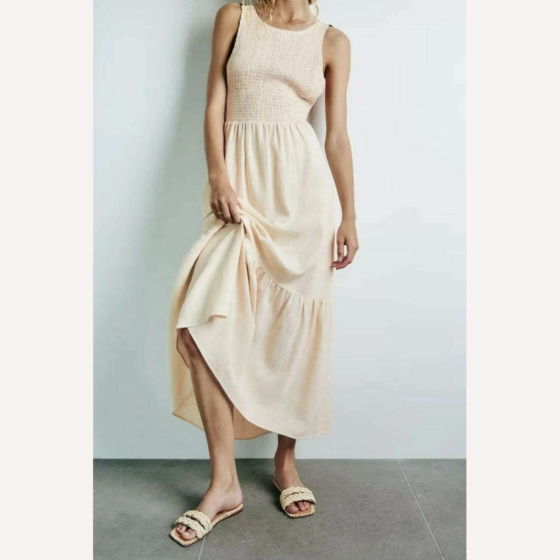 2024 Summer New Cotton Maxi Dress Open Back Cross Sleeveless Holiday Dress Solid Color Lace Up Ankle Length Dress Mujer Vestidos - KIMLUD