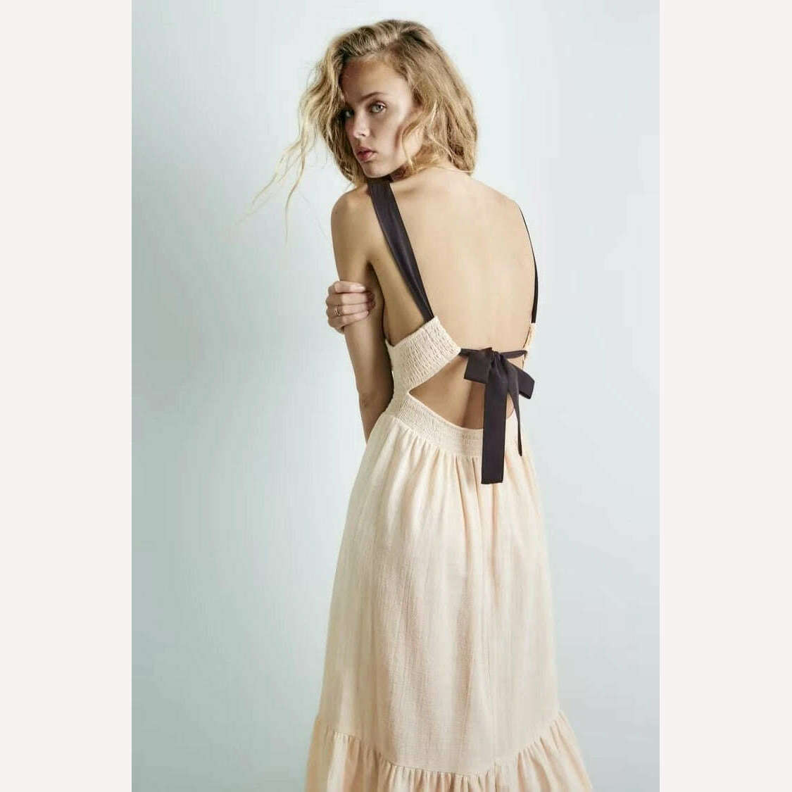 2024 Summer New Cotton Maxi Dress Open Back Cross Sleeveless Holiday Dress Solid Color Lace Up Ankle Length Dress Mujer Vestidos - KIMLUD