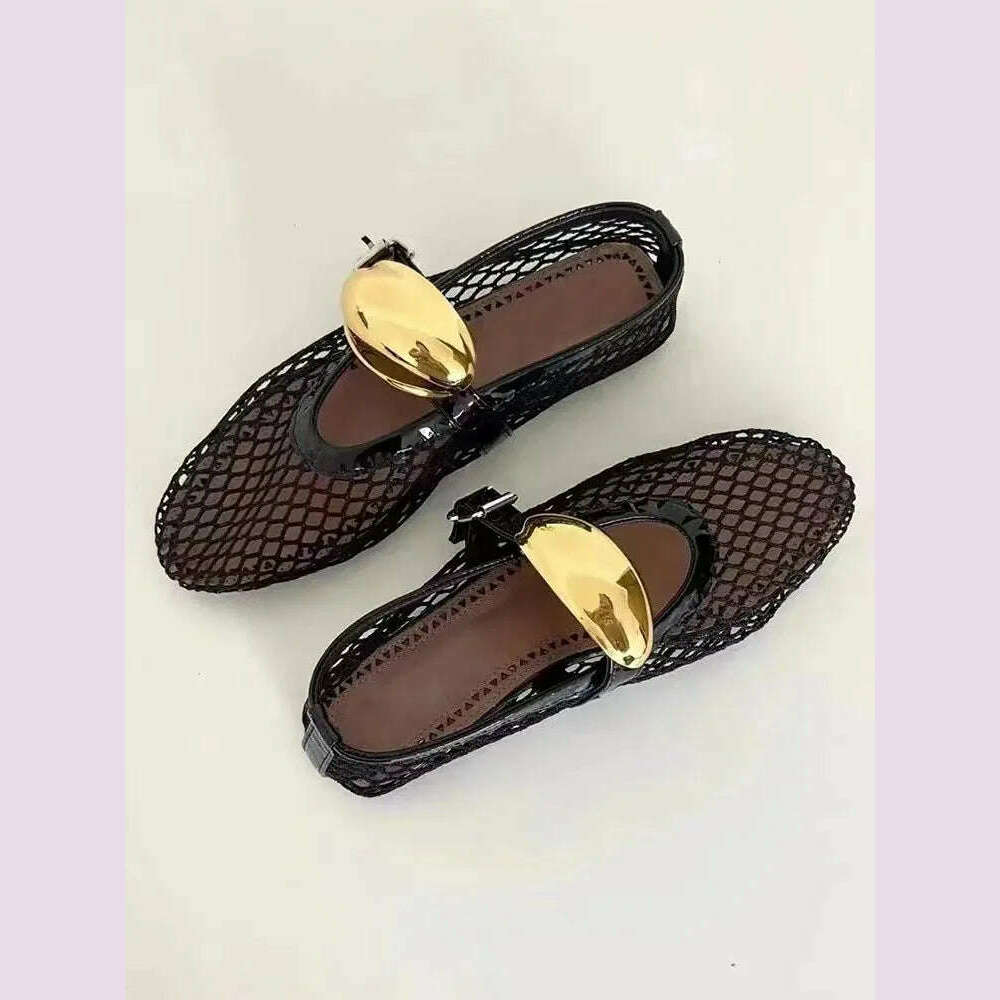 KIMLUD, 2024 Summer New Round Head Mesh Hollow Sandals Fashionable and Comfortable Flat Bottom Women's Sandals, KIMLUD Womens Clothes
