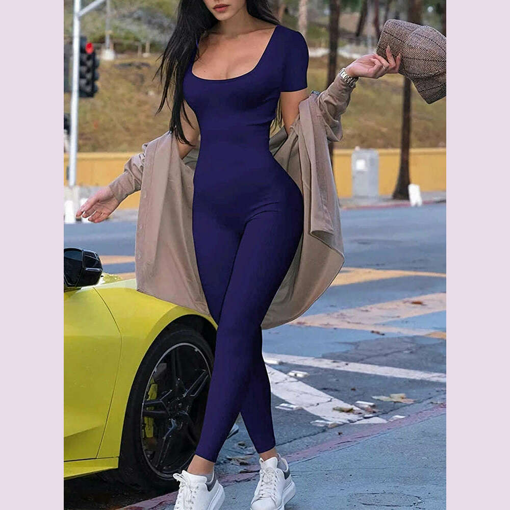 KIMLUD, 2024 Summer New Women's Round Neck Short Sleeve Slim One Piece Pure Color Yoga Clothing Fitness Jumpsuit, Navy / S, KIMLUD APPAREL - Womens Clothes