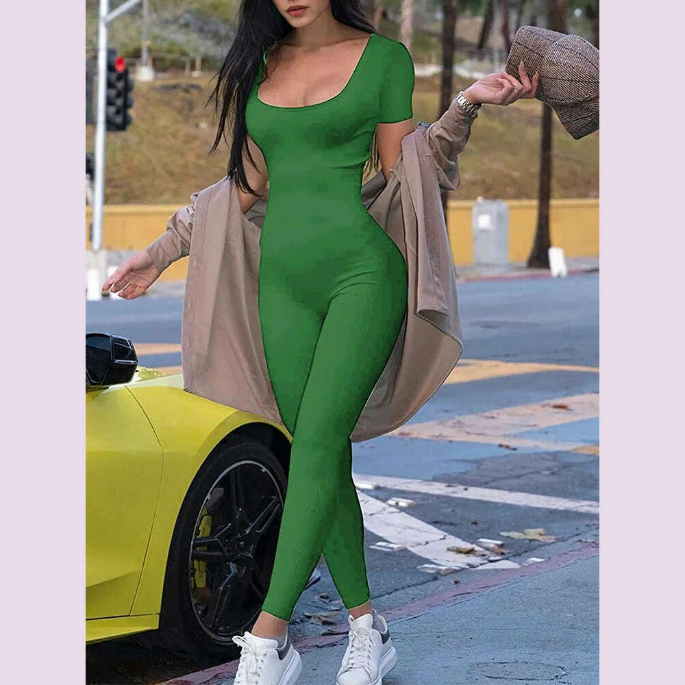 KIMLUD, 2024 Summer New Women's Round Neck Short Sleeve Slim One Piece Pure Color Yoga Clothing Fitness Jumpsuit, Green / S, KIMLUD APPAREL - Womens Clothes