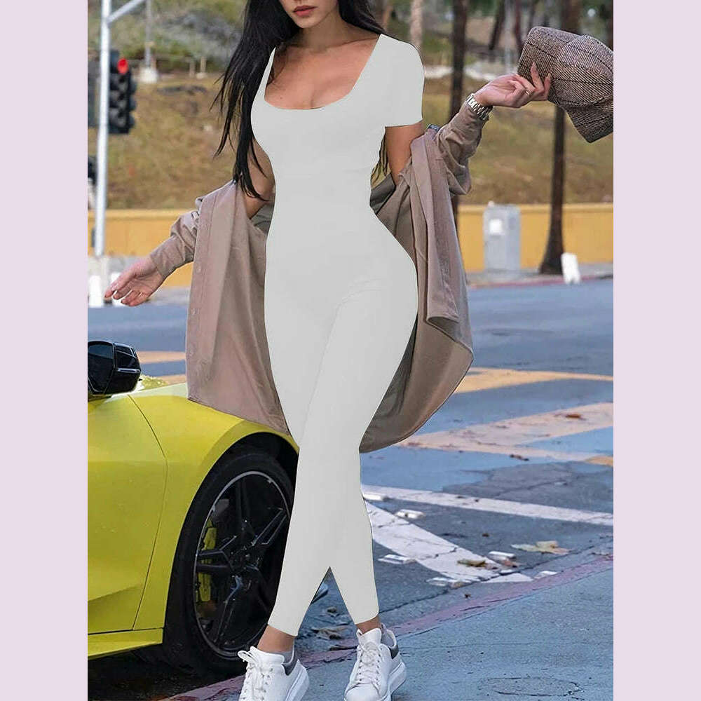 KIMLUD, 2024 Summer New Women's Round Neck Short Sleeve Slim One Piece Pure Color Yoga Clothing Fitness Jumpsuit, White / M, KIMLUD APPAREL - Womens Clothes