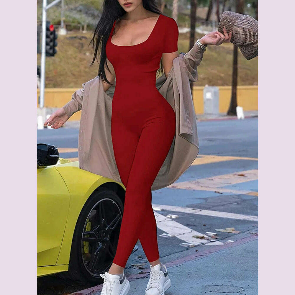 KIMLUD, 2024 Summer New Women's Round Neck Short Sleeve Slim One Piece Pure Color Yoga Clothing Fitness Jumpsuit, Red / S, KIMLUD APPAREL - Womens Clothes