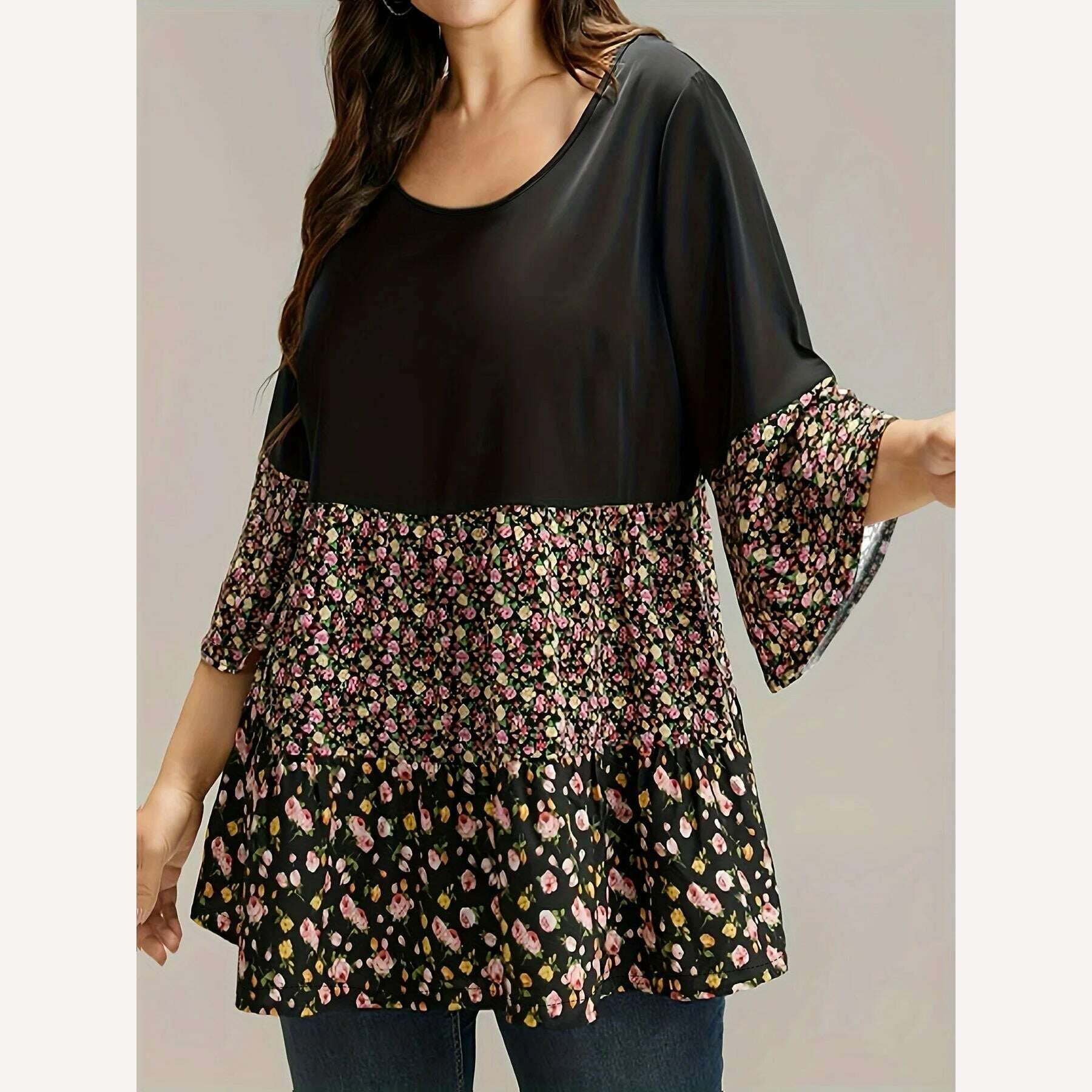KIMLUD, 2024 summer women's floral patchwork print, casual elegant round neck plus size dress, KIMLUD Womens Clothes