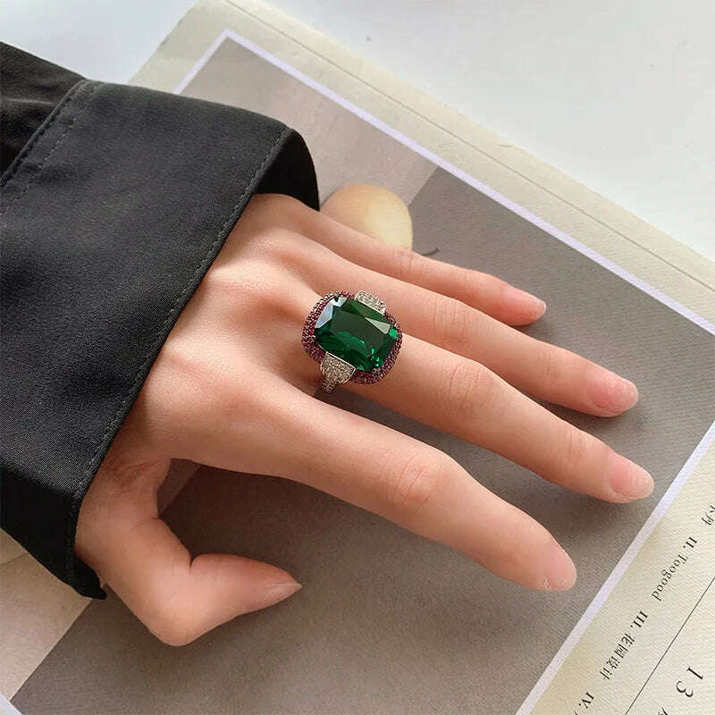 KIMLUD, 2024 Vintage 12*16MM Ruby Emerald Rings Lab Diamond Wedding Bands Gemstone Cocktail Party Fine Jewelry Female Anniversary Gifts, KIMLUD Womens Clothes