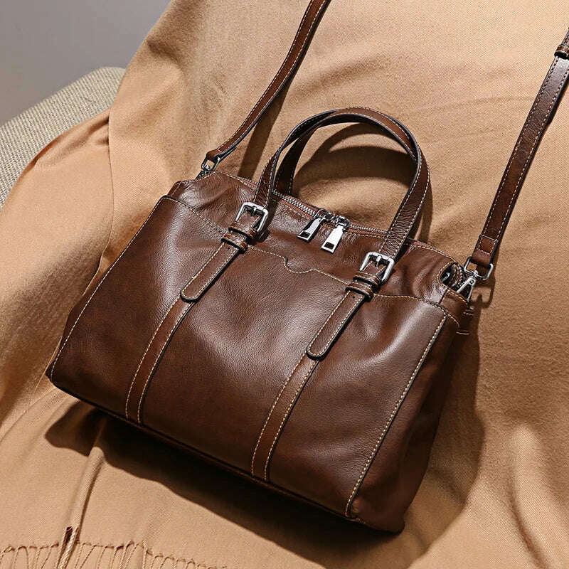 KIMLUD, 2024 Vintage Genuine Leather Female Large Capacity Tote Handbag Soft Cowhide Patchwork Women Handbag Single Handle Bag Zipper, brown / 26-12-33cm, KIMLUD Women's Clothes