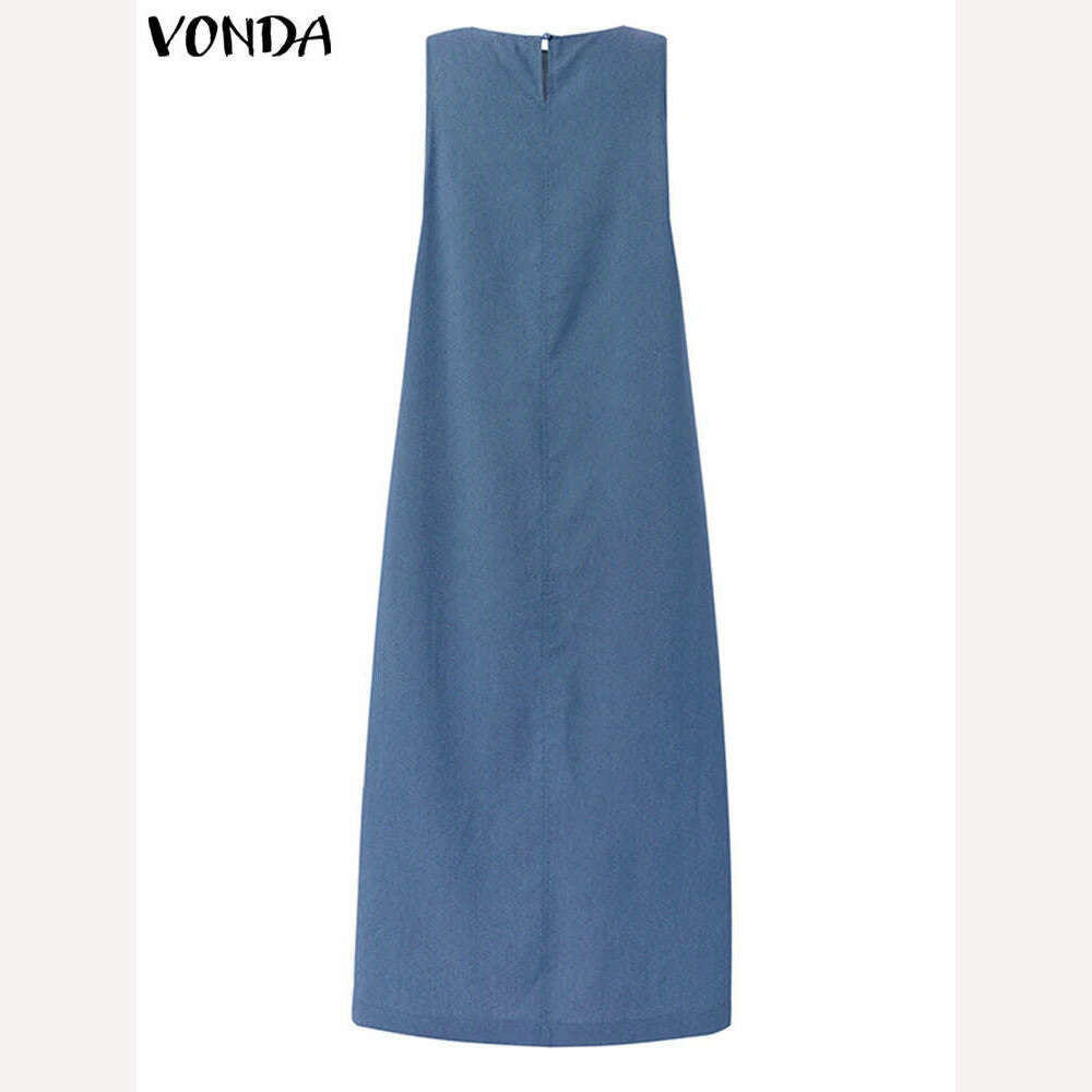 KIMLUD, 2024 VONDA Elegant Women Denim Pleated Long Sundress Fashion Casual Loose Sleeveless Robe Summer A-Line Maxi Vestido Oversized, KIMLUD Womens Clothes