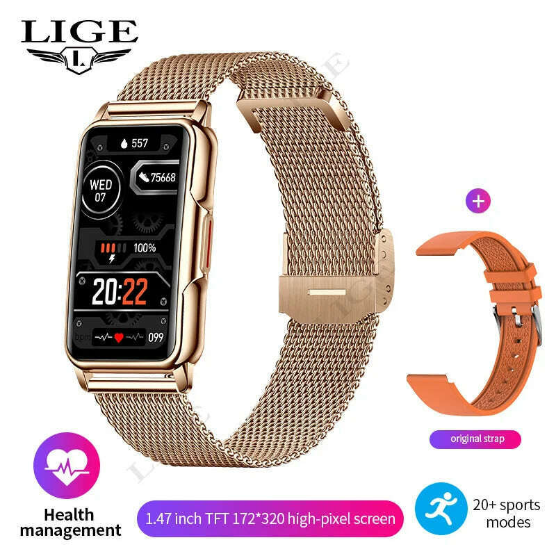 KIMLUD, 2024 Watch Women Smart Watch Men Bluetooth Connected Phone Music Fitness Sports Bracelet Man Waterproof Smartwatch Sleep Monitor, Mesh belt gold, KIMLUD Womens Clothes