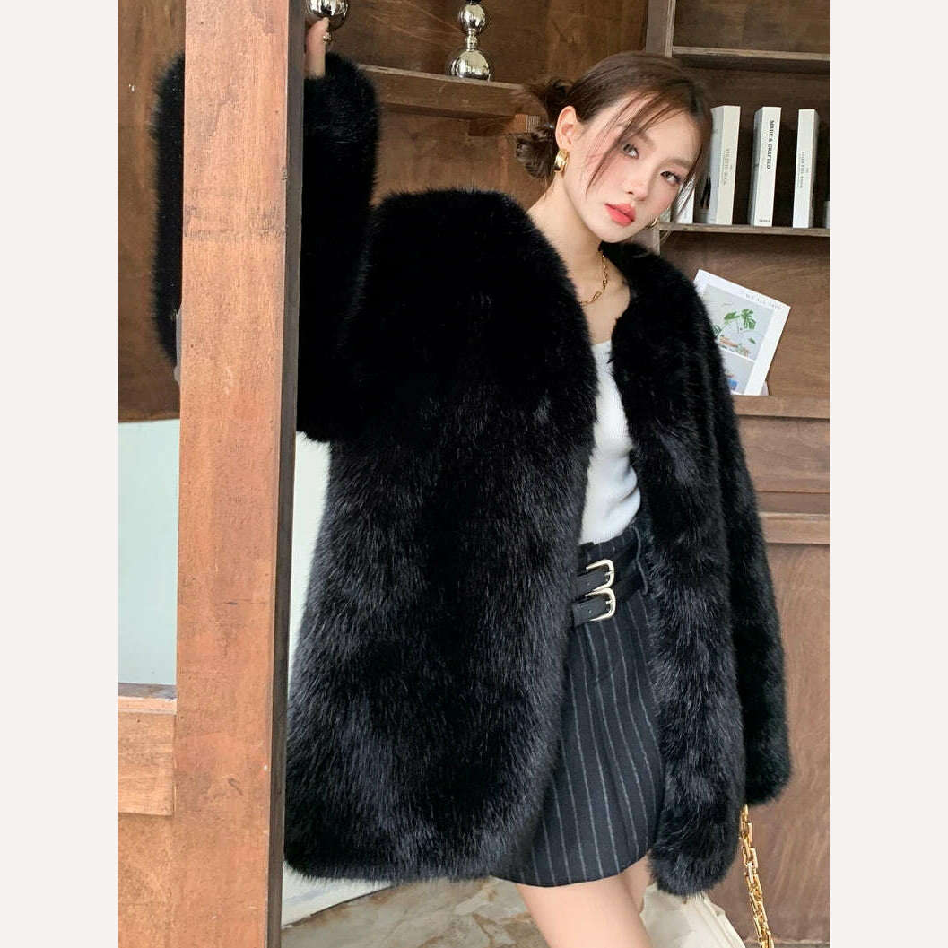 KIMLUD, 2024 winter fashion new fox fur grass coat women's medium long whole fur coat classic black fur coat fur, KIMLUD Womens Clothes