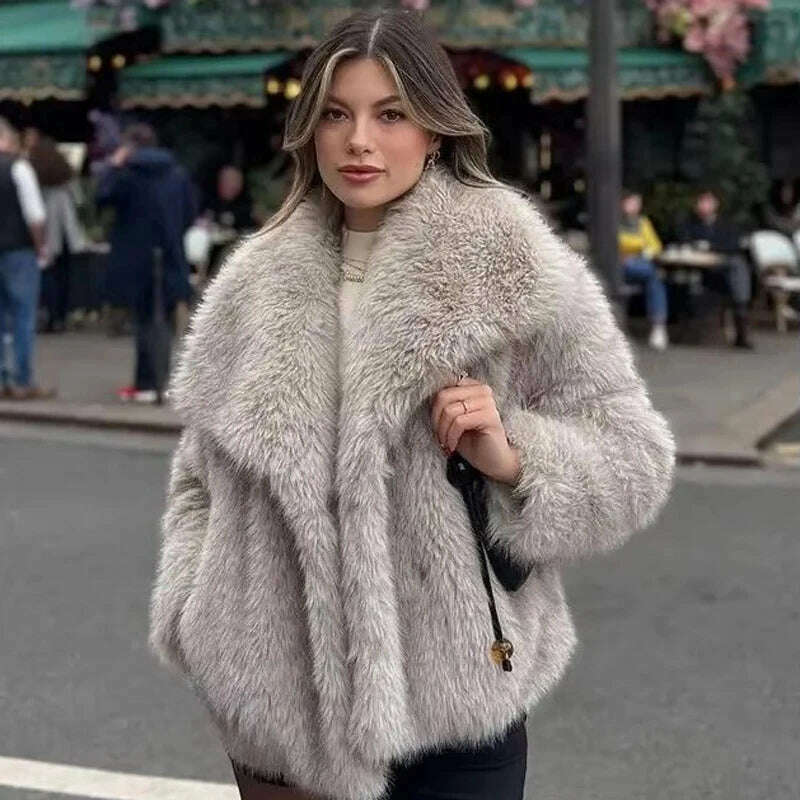KIMLUD, 2024 Winter New Fashion Gradient Fluffy Fur Coat Women High Street Luxury Big Fur Collar Faux Fox Fur Jacket Female Overcoats, KIMLUD Womens Clothes