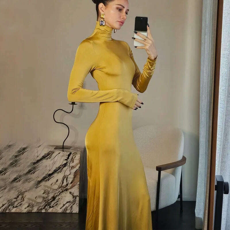 KIMLUD, 2024 Woman Clothing Turtleneck Zip-up Gold Long Maxi Dress Elegant Fashion Office Lady High Waist Slim Fit Party Evening Dresses, KIMLUD Womens Clothes