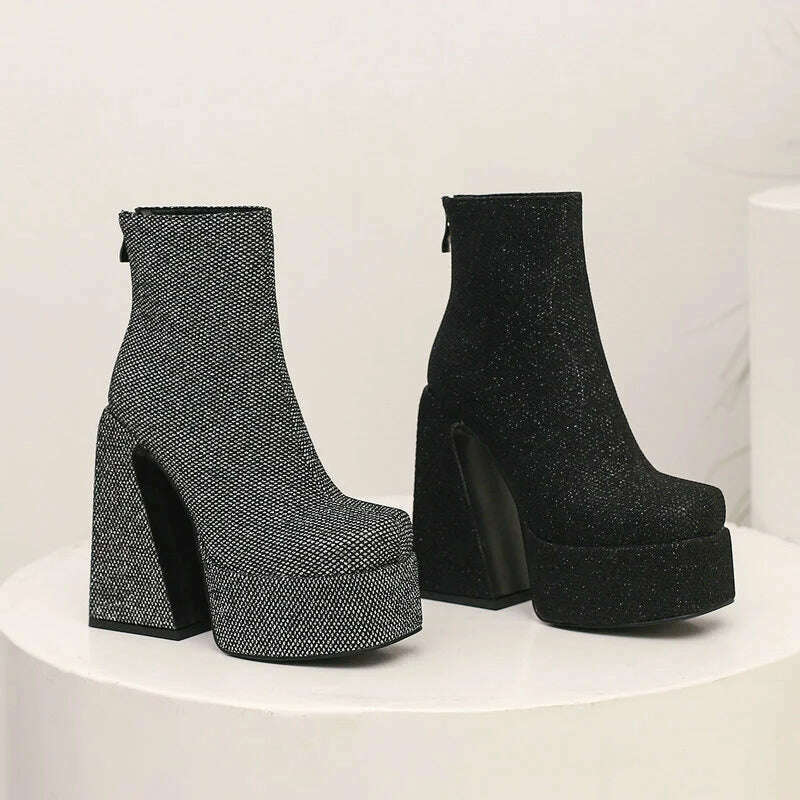 KIMLUD, 2024 Women Ankle Boots Platform Thick High Heel Ladies Short Boots Microfiber High Quality Zipper Dress Women's Shoes Plus Size, KIMLUD Womens Clothes