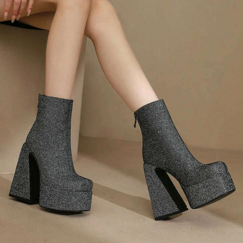 KIMLUD, 2024 Women Ankle Boots Platform Thick High Heel Ladies Short Boots Microfiber High Quality Zipper Dress Women's Shoes Plus Size, GRAY / 10.5, KIMLUD Women's Clothes