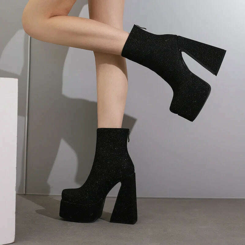KIMLUD, 2024 Women Ankle Boots Platform Thick High Heel Ladies Short Boots Microfiber High Quality Zipper Dress Women's Shoes Plus Size, KIMLUD Women's Clothes