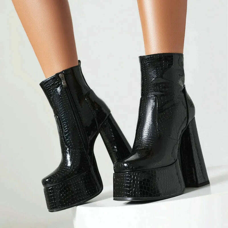 2024 Women Ankle Boots Platform Thick High Heel Ladies Short Boots PU Leather Square Toe Side Zipper Dress Women's Boots Big Siz - KIMLUD
