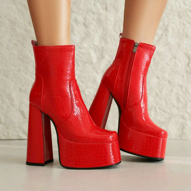 2024 Women Ankle Boots Platform Thick High Heel Ladies Short Boots PU Leather Square Toe Side Zipper Dress Women's Boots Big Siz - KIMLUD