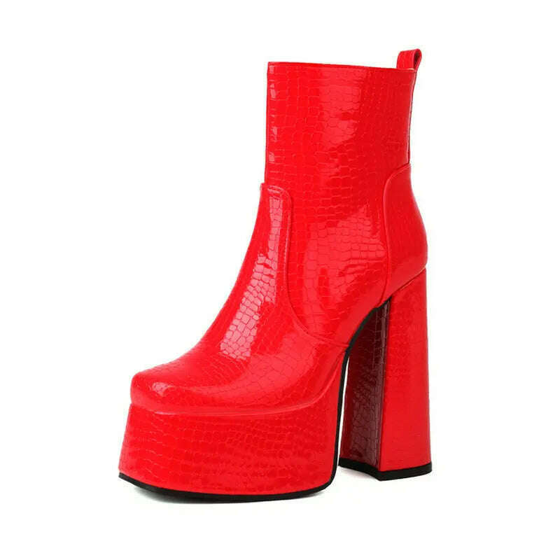 2024 Women Ankle Boots Platform Thick High Heel Ladies Short Boots PU Leather Square Toe Side Zipper Dress Women's Boots Big Siz - KIMLUD