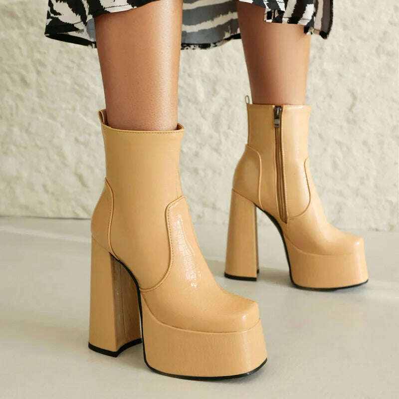 2024 Women Ankle Boots Platform Thick High Heel Ladies Short Boots PU Leather Square Toe Side Zipper Dress Women's Boots Big Siz - KIMLUD
