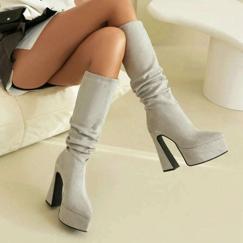 KIMLUD, 2024 Women Knee High Boots Platform Square High Heel Ladies Calf Boots Faux Suede Pointed Toe Slip on Dress Women's Boots, KIMLUD Womens Clothes
