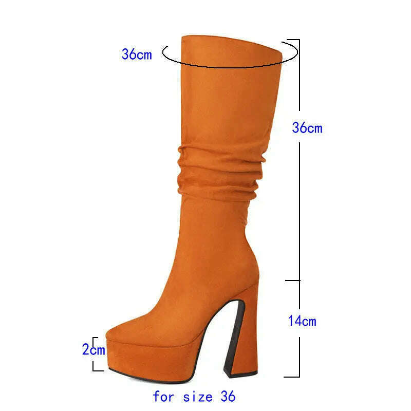 KIMLUD, 2024 Women Knee High Boots Platform Square High Heel Ladies Calf Boots Faux Suede Pointed Toe Slip on Dress Women's Boots, KIMLUD Womens Clothes