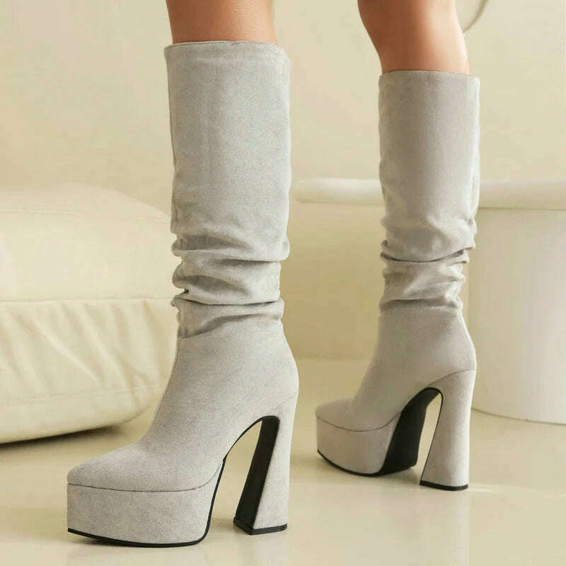 KIMLUD, 2024 Women Knee High Boots Platform Square High Heel Ladies Calf Boots Faux Suede Pointed Toe Slip on Dress Women's Boots, GRAY / 10.5, KIMLUD Women's Clothes