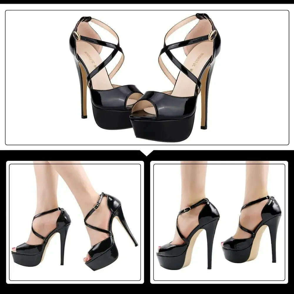 2024 Women Sandals 14CM Platform High Heels Sexy Ankle Strap Sandal Open Toe Stilettos Party Dress Wedding Shoes Plus Size 44 - KIMLUD