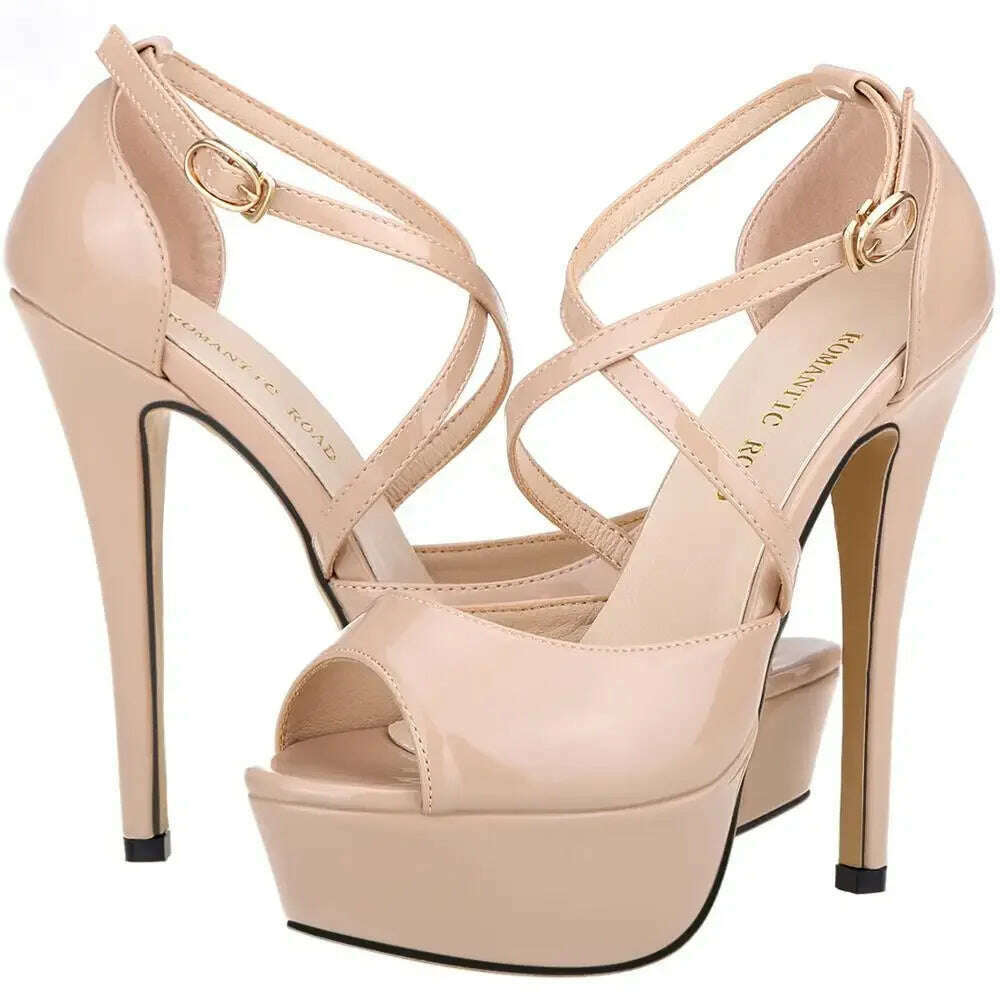 2024 Women Sandals 14CM Platform High Heels Sexy Ankle Strap Sandal Open Toe Stilettos Party Dress Wedding Shoes Plus Size 44 - KIMLUD
