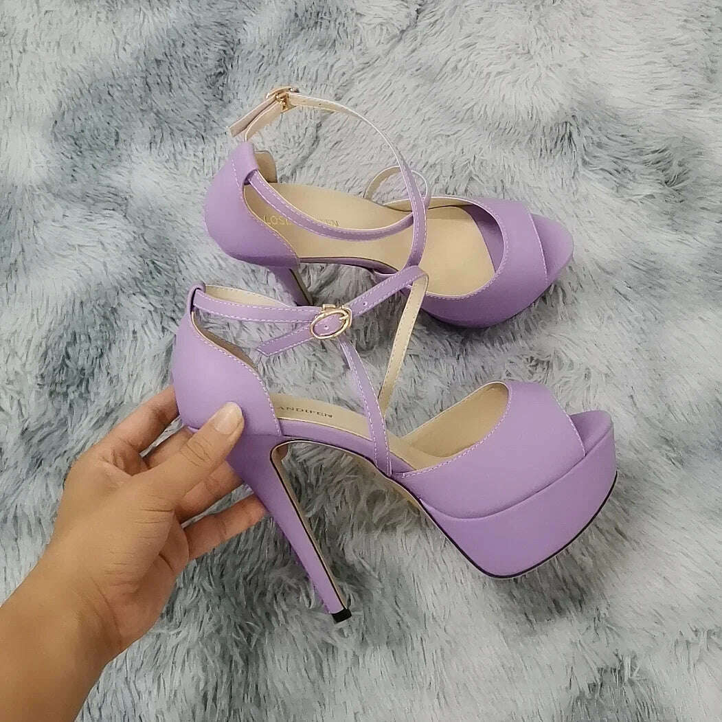 2024 Women Sandals 14CM Platform High Heels Sexy Ankle Strap Sandal Open Toe Stilettos Party Dress Wedding Shoes Plus Size 44 - KIMLUD