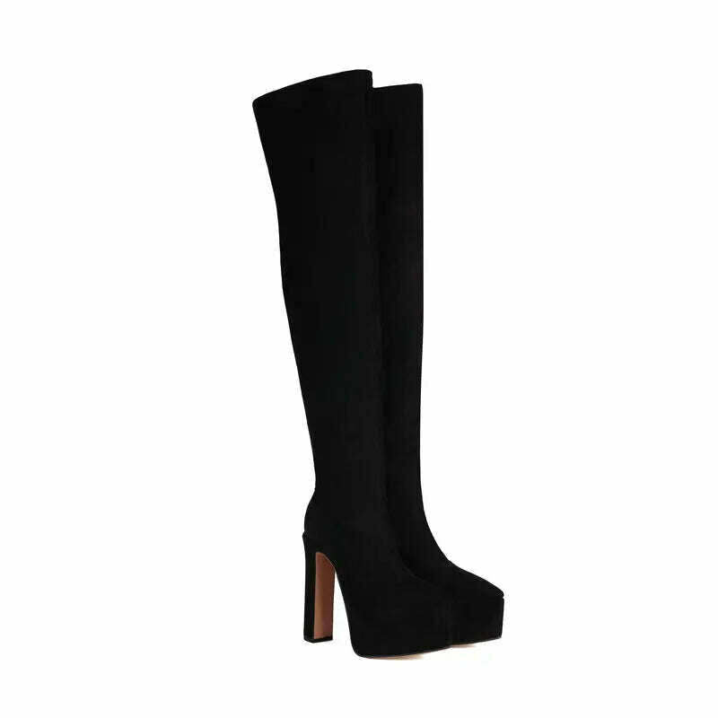 KIMLUD, 2024 Women Sexy Over the Knee Boots Platform Square High Heel Ladies Thigh Boots PU Leather High Qualify Nightclub Women Boots, black flock / 5, KIMLUD Womens Clothes