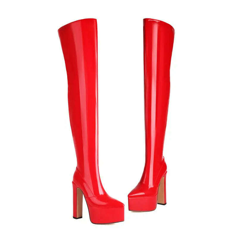 KIMLUD, 2024 Women Sexy Over the Knee Boots Platform Square High Heel Ladies Thigh Boots PU Leather High Qualify Nightclub Women Boots, Red / 5, KIMLUD Womens Clothes