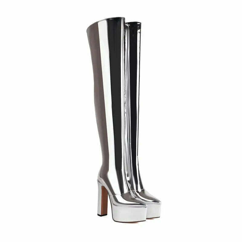 KIMLUD, 2024 Women Sexy Over the Knee Boots Platform Square High Heel Ladies Thigh Boots PU Leather High Qualify Nightclub Women Boots, Silver / 5, KIMLUD Womens Clothes