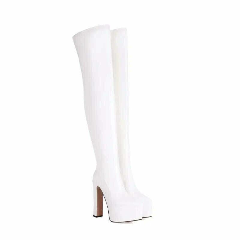 KIMLUD, 2024 Women Sexy Over the Knee Boots Platform Square High Heel Ladies Thigh Boots PU Leather High Qualify Nightclub Women Boots, WHITE / 5, KIMLUD Womens Clothes