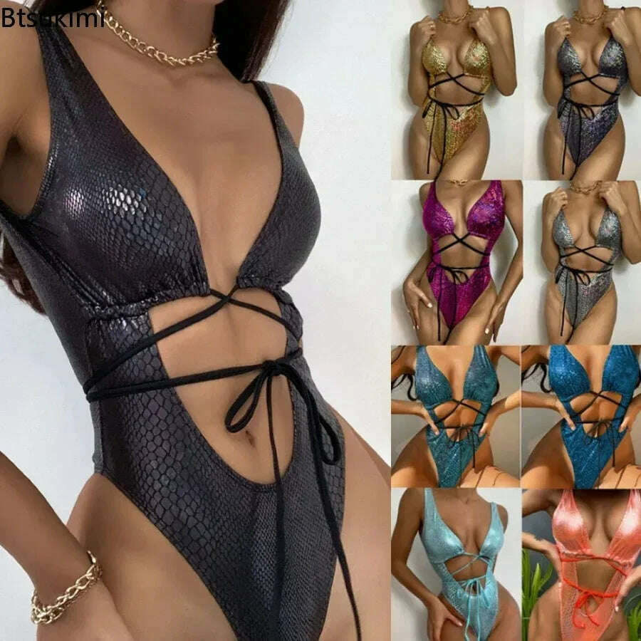 KIMLUD, 2024 Women's Sexy Snakeskin One Piece Swimsuit Stylish Metallic Rave Beach Swimwear Bikinis Set Bathing Outfit for Girls Bikinis, KIMLUD Womens Clothes