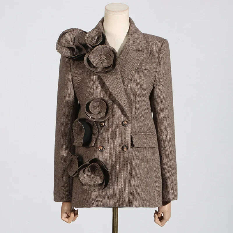 KIMLUD, 2025 Spring New Elegant Commuting Style Handmade Embroidered Flower Decoration Spliced Double Row Button Women's Suit Jacket, KIMLUD Womens Clothes