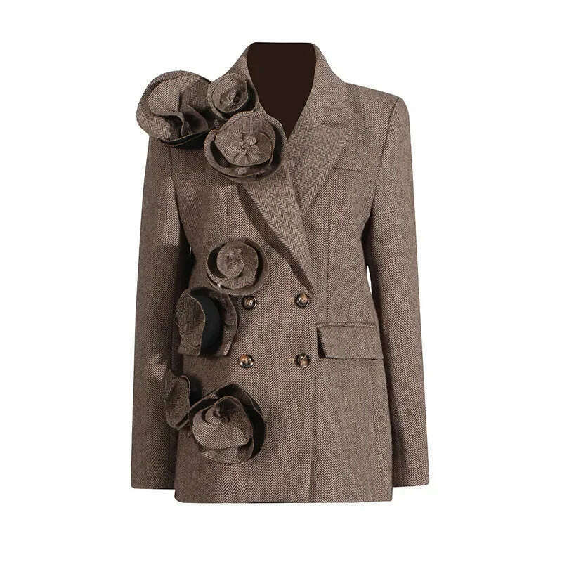 KIMLUD, 2025 Spring New Elegant Commuting Style Handmade Embroidered Flower Decoration Spliced Double Row Button Women's Suit Jacket, KIMLUD Womens Clothes