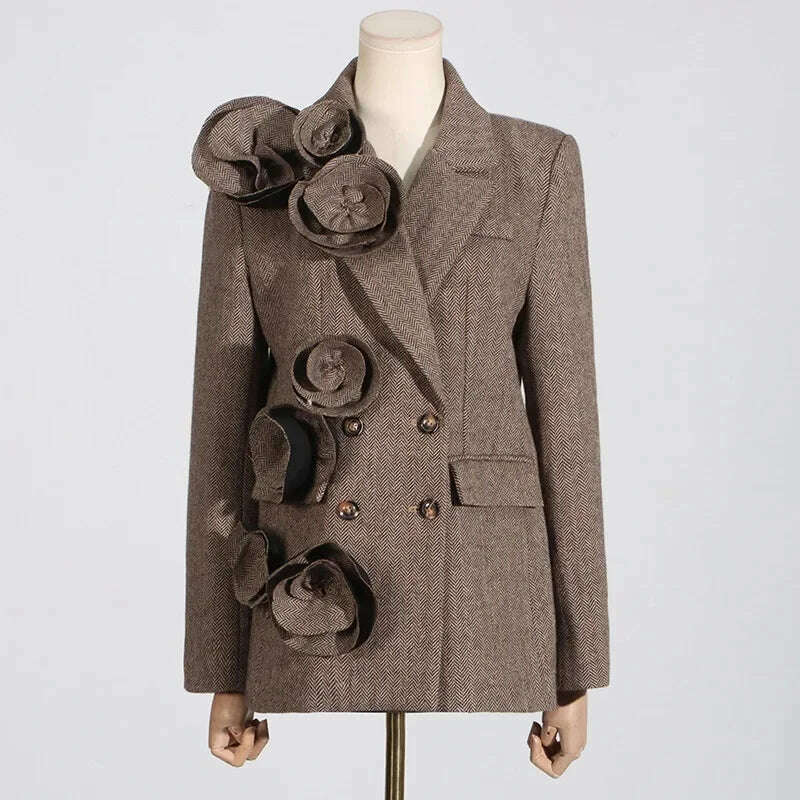 KIMLUD, 2025 Spring New Elegant Commuting Style Handmade Embroidered Flower Decoration Spliced Double Row Button Women's Suit Jacket, XL / Coffee, KIMLUD APPAREL - Womens Clothes