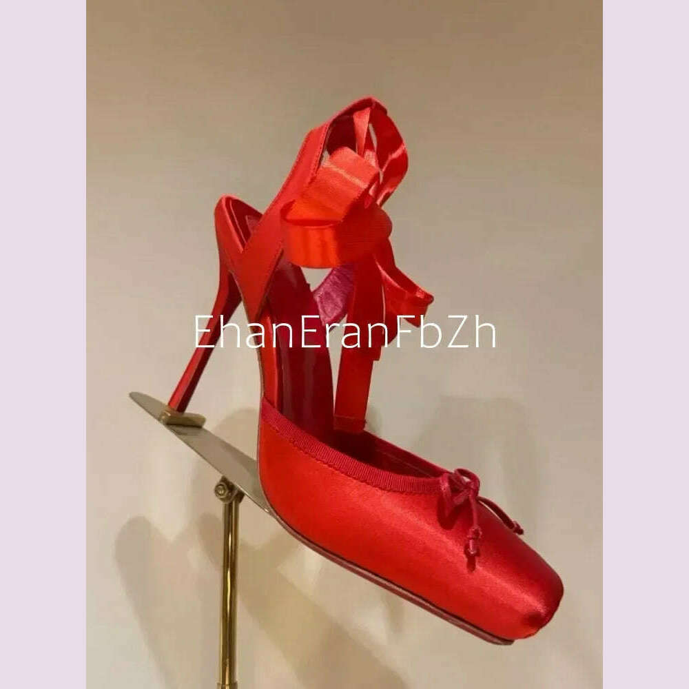 KIMLUD, 2025 Women's New Summer Square Satin High Heel Sandals with Ankle Strap, Fashionable Party and Banquet Ballet High Heels, red / 46, KIMLUD APPAREL - Womens Clothes