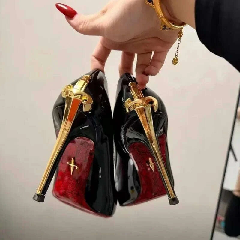 2026 Early New High Heels Women's Fine Heels Pointed Metal Swords Sexy Queen Black Lacquer Leather Single Shoes
