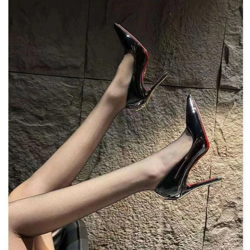 2026 Early New High Heels Women's Fine Heels Pointed Metal Swords Sexy Queen Black Lacquer Leather Single Shoes