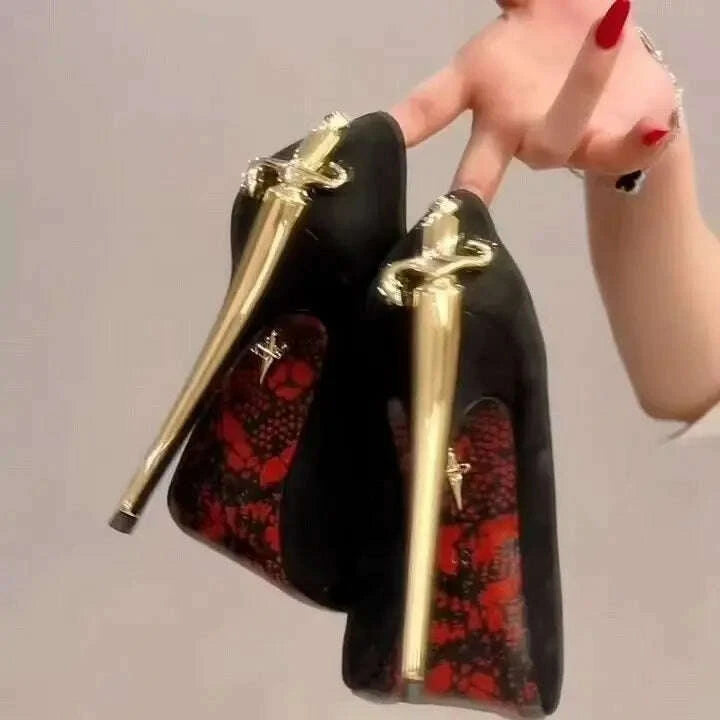 2026 Early New High Heels Women's Fine Heels Pointed Metal Swords Sexy Queen Black Lacquer Leather Single Shoes