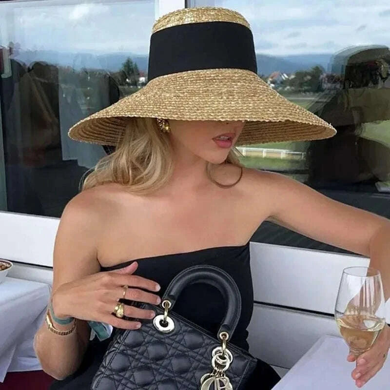 2026 Summer Seaside Big Brim Straw Hat Women's Vacation Beach Sun Hats Bow Ribbon Wide Brim Wheat Straw Flat Top Boater Hat