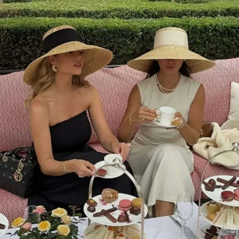 2026 Summer Seaside Big Brim Straw Hat Women's Vacation Beach Sun Hats Bow Ribbon Wide Brim Wheat Straw Flat Top Boater Hat