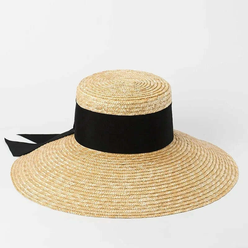 2026 Summer Seaside Big Brim Straw Hat Women's Vacation Beach Sun Hats Bow Ribbon Wide Brim Wheat Straw Flat Top Boater Hat