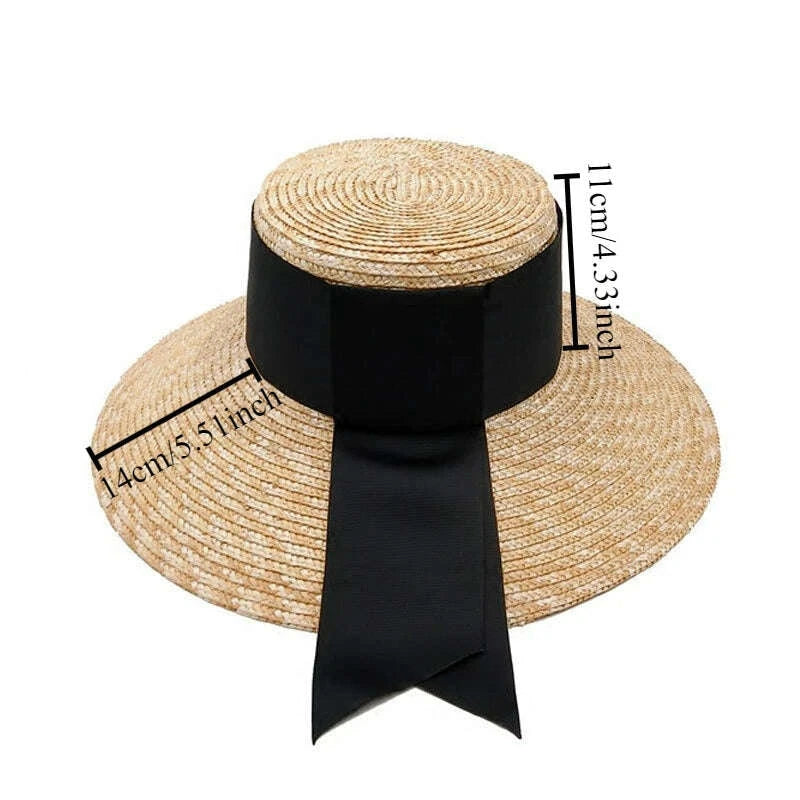 2026 Summer Seaside Big Brim Straw Hat Women's Vacation Beach Sun Hats Bow Ribbon Wide Brim Wheat Straw Flat Top Boater Hat