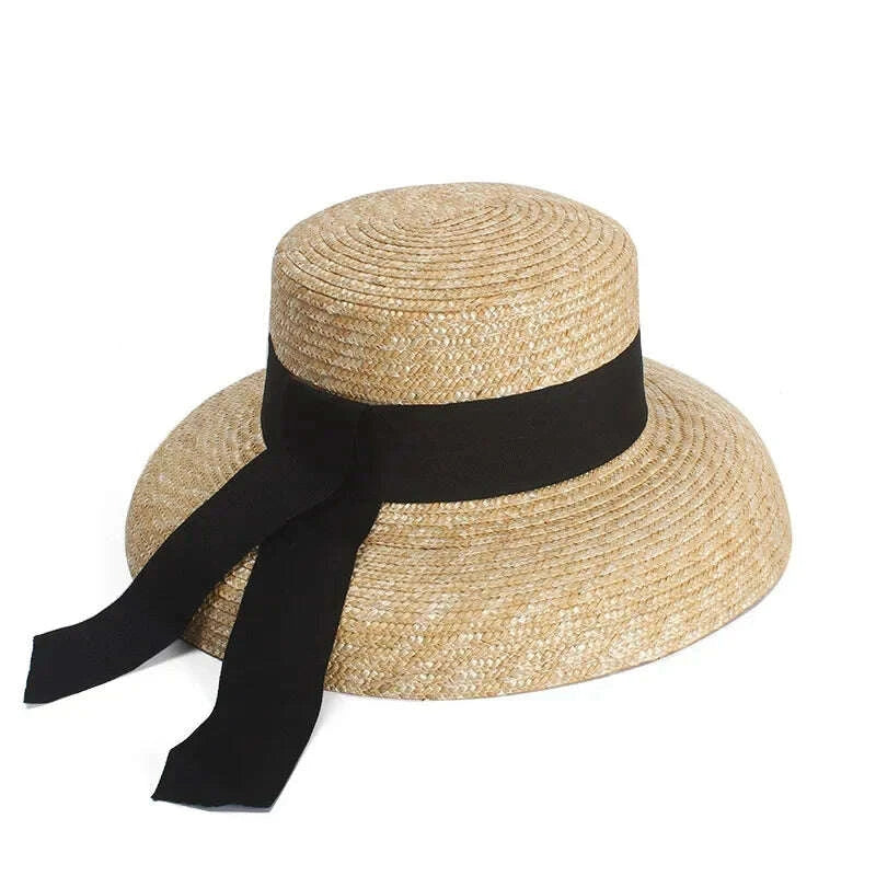 2026 Summer Seaside Big Brim Straw Hat Women's Vacation Beach Sun Hats Bow Ribbon Wide Brim Wheat Straw Flat Top Boater Hat