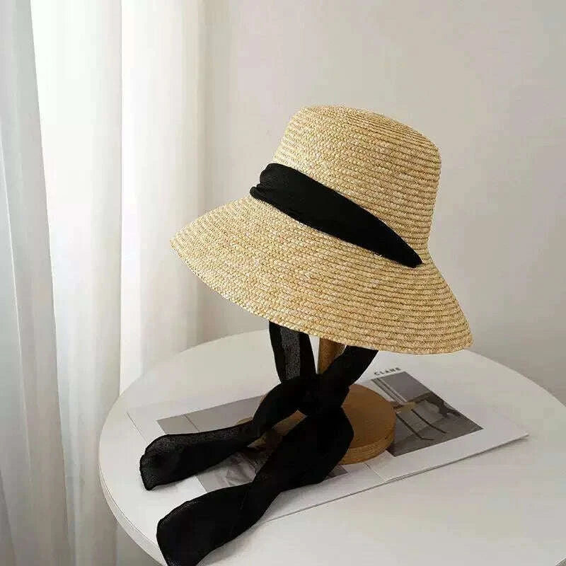 2026 Summer Seaside Big Brim Straw Hat Women's Vacation Beach Sun Hats Bow Ribbon Wide Brim Wheat Straw Flat Top Boater Hat