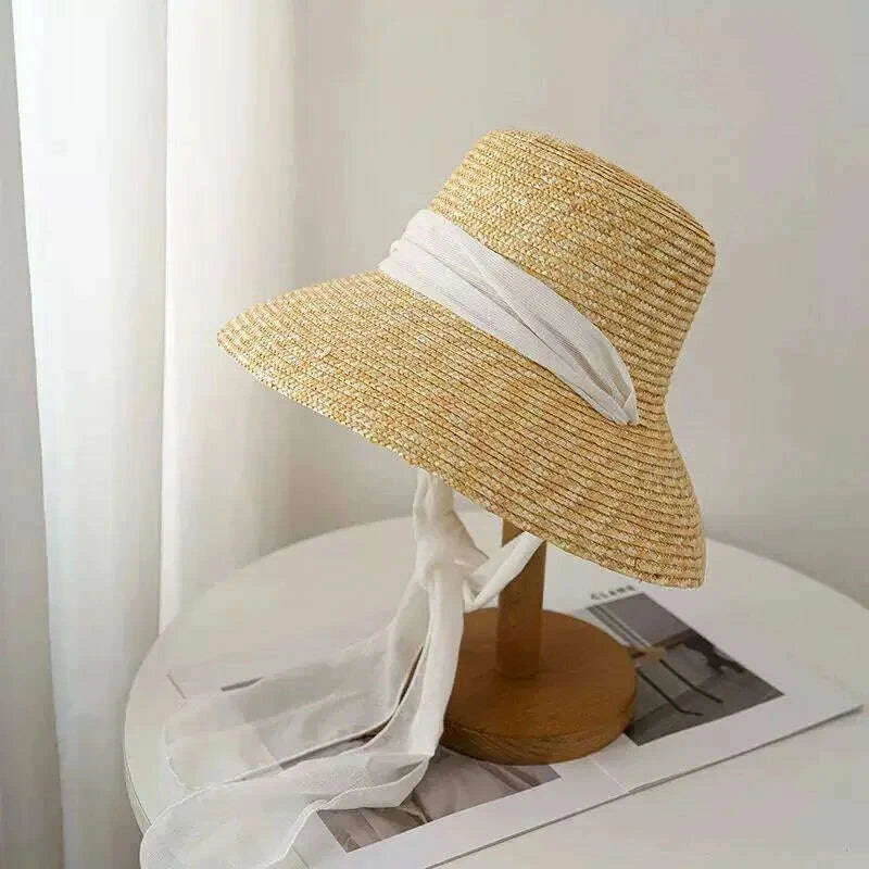 2026 Summer Seaside Big Brim Straw Hat Women's Vacation Beach Sun Hats Bow Ribbon Wide Brim Wheat Straw Flat Top Boater Hat