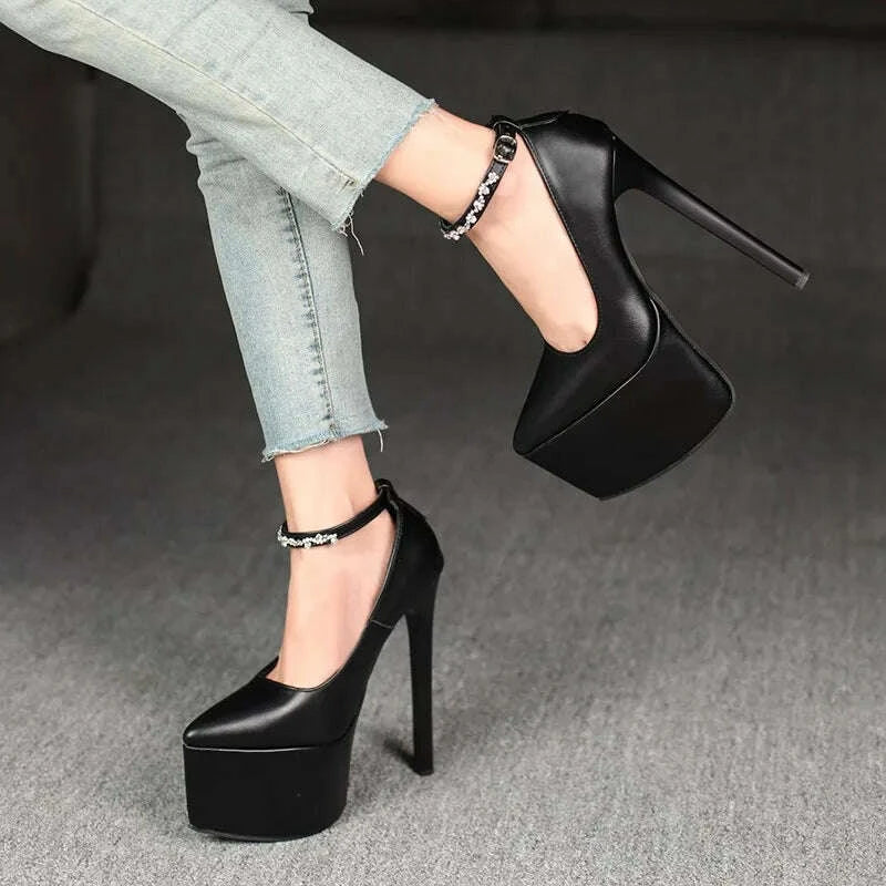 2026Stylish Rhinestone Straight Heel Single Shoes Stylish Pointed Toe Shallow Mouth Platform Heels