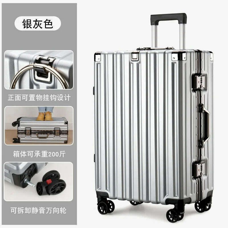 KIMLUD, 20inch 22inch 24inch 26inch Large Capacity Luggage Aluminum Frame Reinforced Anti-Collision Trolley Case Password Box Casual Suitcase Silent Wheel, Silver / 24Inches 600mm, KIMLUD APPAREL - Womens Clothes