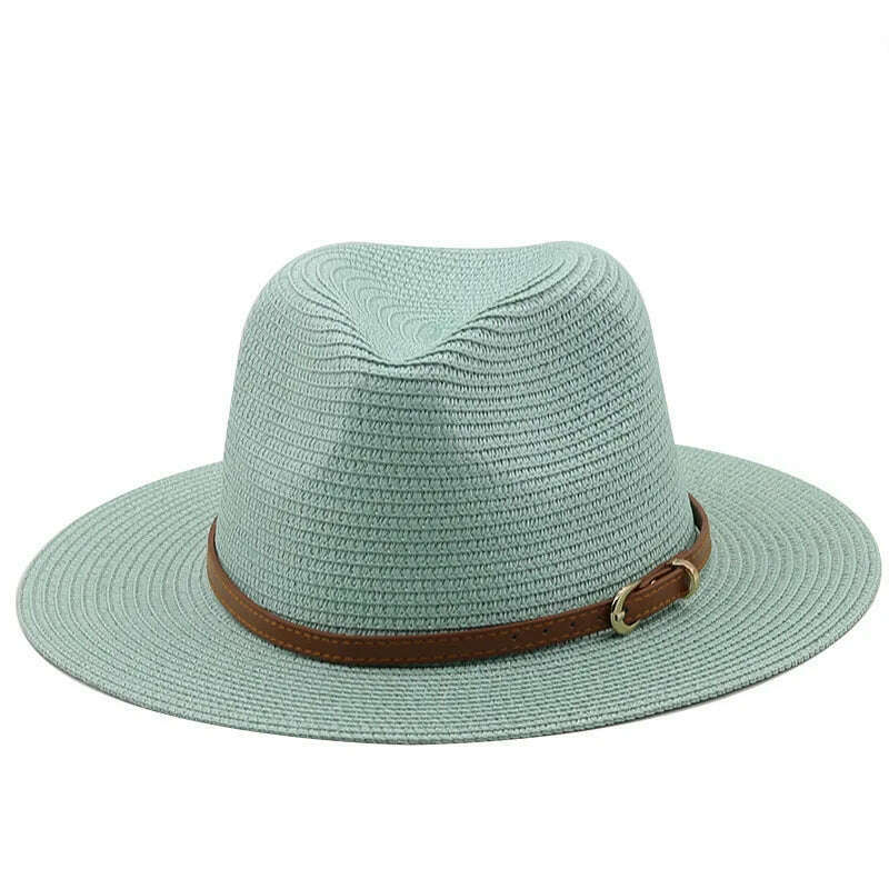 KIMLUD, 21 Colors Solid Color Straw Hat with Brown Belt Wide Brim Sun Protection Unisex Beach Hat Women Summer Outdoor Jazz Panama Cap, KIMLUD Womens Clothes